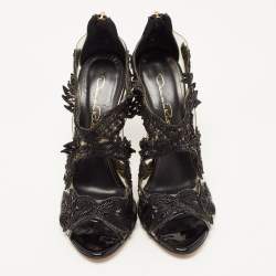 Pre Owned Oscar de la Renta Black Patent Leather, PVC and Lace Ambria Peep Toe Pumps Size 37