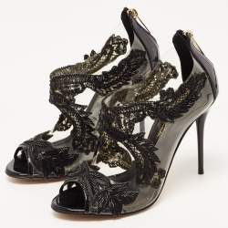 Pre Owned Oscar de la Renta Black Patent Leather, PVC and Lace Ambria Peep Toe Pumps Size 37