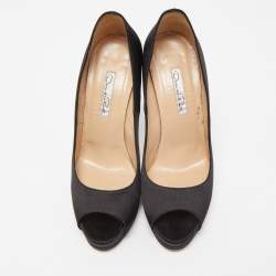 Oscar de la Renta Black Satin Platform Peep Toe Pumps Size 38.5