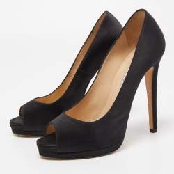 Oscar de la Renta Black Satin Platform Peep Toe Pumps Size 38.5