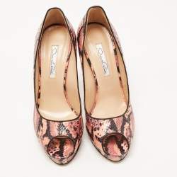 Pre Owned Oscar de la Renta Pink/Black Snakeskin Leather Peep Toe Pumps Size 39