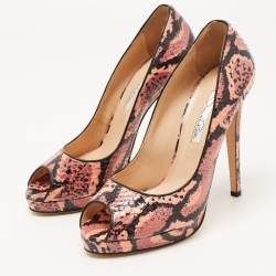 Pre Owned Oscar de la Renta Pink/Black Snakeskin Leather Peep Toe Pumps Size 39