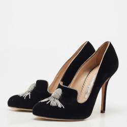 Pre Owned Oscar de la Renta Black Velvet Crystal Embellished Pumps Size 38.5