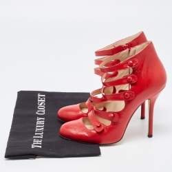 Pre Owned Oscar de la Renta Red Leather Strappy Ankle Booties Size 38