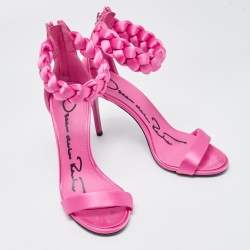 Pre Owned Oscar De La Renta Pink Satin Braided Ankle Strap Sandals Size 36.5