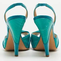 Pre Owned Oscar De La Renta Turquoise Patent Leather Bow Platform Slingback Sandals Size 36.5