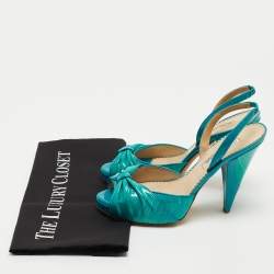 Pre Owned Oscar De La Renta Turquoise Patent Leather Bow Platform Slingback Sandals Size 36.5