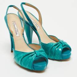 Pre Owned Oscar De La Renta Turquoise Patent Leather Bow Platform Slingback Sandals Size 36.5