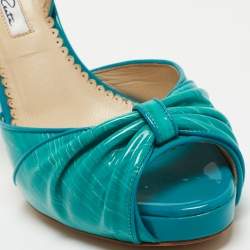 Pre Owned Oscar De La Renta Turquoise Patent Leather Bow Platform Slingback Sandals Size 36.5
