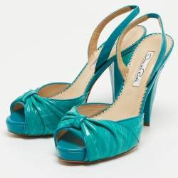 Pre Owned Oscar De La Renta Turquoise Patent Leather Bow Platform Slingback Sandals Size 36.5