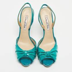 Pre Owned Oscar De La Renta Turquoise Patent Leather Bow Platform Slingback Sandals Size 36.5