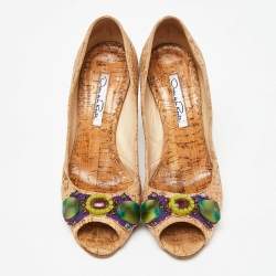 Pre Owned Oscar de la Renta Light Brown Cork Embellished Peep Toe Pumps Size 36