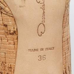 Pre Owned Oscar de la Renta Light Brown Cork Embellished Peep Toe Pumps Size 36