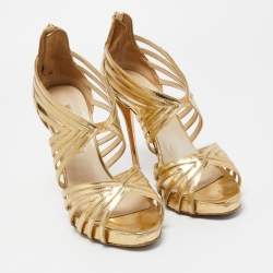 Oscar de la Renta Gold Leather Strappy Sandals Size 37.5