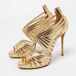Oscar de la Renta Gold Leather Strappy Sandals Size 37.5