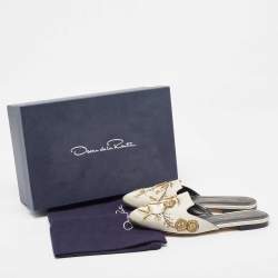Pre Owned Oscar De La Renta Grey Embellished Satin Wanda Flat Mules Size 36