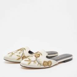 Pre Owned Oscar De La Renta Grey Embellished Satin Wanda Flat Mules Size 36
