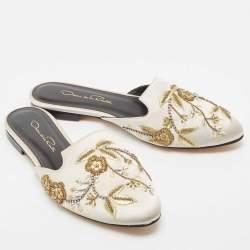 Pre Owned Oscar De La Renta Grey Embellished Satin Wanda Flat Mules Size 36