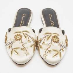 Pre Owned Oscar De La Renta Grey Embellished Satin Wanda Flat Mules Size 36