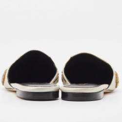 Pre Owned Oscar De La Renta Grey Embellished Satin Wanda Flat Mules Size 36