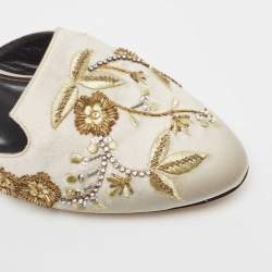 Pre Owned Oscar De La Renta Grey Embellished Satin Wanda Flat Mules Size 36