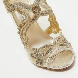 Pre Owned Oscar de la Renta Metallic PVC and Texture Leather Ambria Sandals Size 37.5
