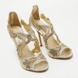 Pre Owned Oscar de la Renta Metallic PVC and Texture Leather Ambria Sandals Size 37.5