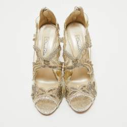 Pre Owned Oscar de la Renta Metallic PVC and Texture Leather Ambria Sandals Size 37.5