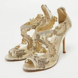 Pre Owned Oscar de la Renta Metallic PVC and Texture Leather Ambria Sandals Size 37.5