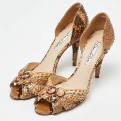 Pre Owned Oscar de la Renta Beige/Brown Python D'orsay Pumps Size 37