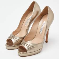 Oscar de la Renta Metallic Gold Leather Peep Toe Platform Pumps Size 40