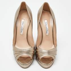 Oscar de la Renta Metallic Gold Leather Peep Toe Platform Pumps Size 40