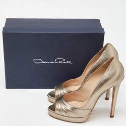 Oscar de la Renta Metallic Gold Leather Peep Toe Platform Pumps Size 40