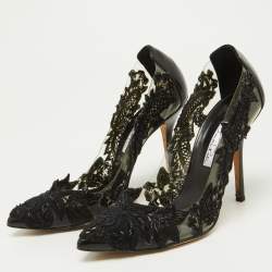 Pre Owned Oscar de la Renta Black Embroidery Patent Leather and PVC Alyssa Embellished Pointed Toe Pumps Size 36.5