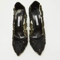 Pre Owned Oscar de la Renta Black Embroidery Patent Leather and PVC Alyssa Embellished Pointed Toe Pumps Size 36.5
