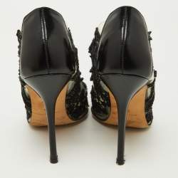 Pre Owned Oscar de la Renta Black Embroidery Patent Leather and PVC Alyssa Embellished Pointed Toe Pumps Size 36.5