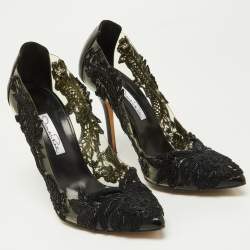 Pre Owned Oscar de la Renta Black Embroidery Patent Leather and PVC Alyssa Embellished Pointed Toe Pumps Size 36.5