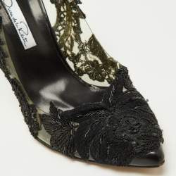 Pre Owned Oscar de la Renta Black Embroidery Patent Leather and PVC Alyssa Embellished Pointed Toe Pumps Size 36.5