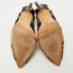 Pre Owned Oscar de la Renta Black Embroidery Patent Leather and PVC Alyssa Embellished Pointed Toe Pumps Size 36.5