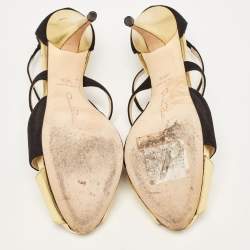 Oscar de la Renta Gold/Black Leather and Suede Ankle Strap Sandals Size 36.5