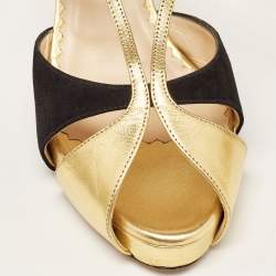 Oscar de la Renta Gold/Black Leather and Suede Ankle Strap Sandals Size 36.5