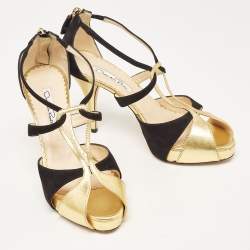Oscar de la Renta Gold/Black Leather and Suede Ankle Strap Sandals Size 36.5