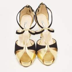 Oscar de la Renta Gold/Black Leather and Suede Ankle Strap Sandals Size 36.5