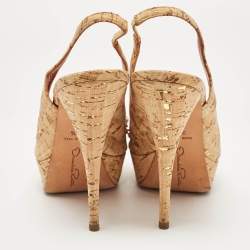 Oscar De La Renta Brown Cork Embellished Slingback Platform Pumps Size 37.5