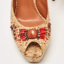 Oscar De La Renta Brown Cork Embellished Slingback Platform Pumps Size 37.5