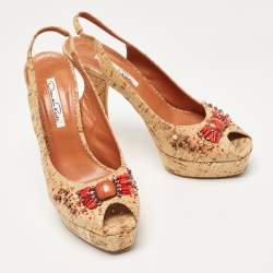 Oscar De La Renta Brown Cork Embellished Slingback Platform Pumps Size 37.5