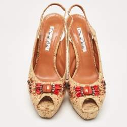 Oscar De La Renta Brown Cork Embellished Slingback Platform Pumps Size 37.5