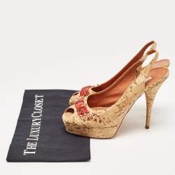 Oscar De La Renta Brown Cork Embellished Slingback Platform Pumps Size 37.5
