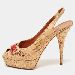 Oscar De La Renta Brown Cork Embellished Slingback Platform Pumps Size 37.5