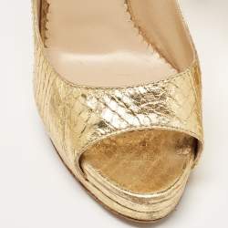 Oscar de la Renta Metallic Gold Python Embossed Peep Toe Ankle Strap Pumps Size 37.5